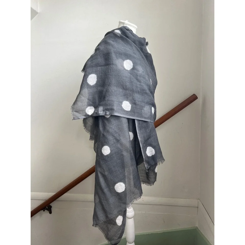 Galeries Lafayette Scarf Gray White Polka Dot Wool Frayed Fringe Wrap Shawl